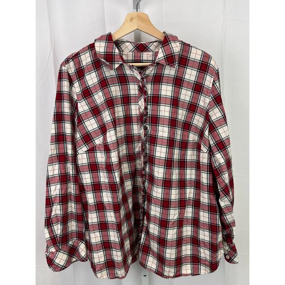TALBOTS 2XP Petite Plus Plaid Button Up Ruffle Shirt Shimmer Flannel Red White - Picture 1 of 9